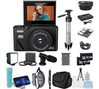 eDealz 4K 64MP Digital Camera Kit for Photography, Vlogging for YouTube with Flip Up Screen, 18x Zoom, Wide Angle Lens, Filters, 2X 64GB Micro SD Cards, 50" Tripod, Case, Card Reader, Microphone, LED+