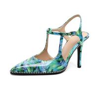 EDEFS Classy Womens Patent Leather Pumps 3.5 Inches Stiletto High Heels with Pointed Toe Ankle Strap & Beaded Edging for Office Wedding & Party Floral Green UK7