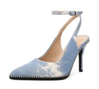 EDEFS Women's Ankle Strap Beaded Slingback Pumps Pointed Toe 3.5 Inch Stiletto High Heels Shoes for Work Party Wedding Denim Blue UK11