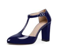EDEFS Womens Chunky Block Heel Shoes Navy Patent Mary Jane T Strap Heels with Closed Toe Design for Party Wedding and Work UK6