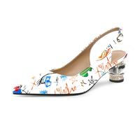 EDEFS Women's Low Heel Slingback Pumps 2 Inches Block Heel Patent Leather Pointed Toe Shoes with Crystal Rhinestones for Weddings Gala Red Carpet & Daily Style Graffiti White UK9