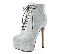 EDEFS Womens Platform High Heel Ankle Boot with Zipper Round Toe & 16 cm Heel Elevate Your Outfit at Wedding Party Work & Beyond Women's Trendy Dress Boots Silver Glitter UK9