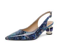 EDEFS Women's Slingback Pumps with Crystal Rhinestones 2 Inches Low Block Heel Patent Leather Pointed Toe Shoes for Weddings Gala Red Carpet & Everyday Elegance Flower Blue UK6