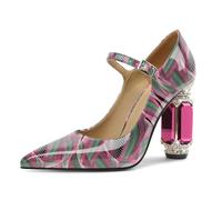 EDEFS Women's Stylish Patent Leather Pumps 3.5 Inches Chunky Block High Heel Sparkling Crystal Rhinestone Accents Pointed Toe Mary Jane for Weddings & Red Carpet Wave UK7