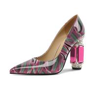 EDEFS Women's Stylish Patent Leather Pumps 3.5 Inches Chunky Block High Heel Sparkling Crystal Rhinestone Accents Pointed Toe Slip On for Weddings & Red Carpet Wave UK7