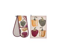Pure Table Top Purer Home X Eden Cotton Double Oven Gloves& 2 Piece Tea Towel - Peppers, Multi