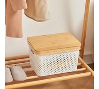 Eden & Willow Bamboo-Top Multipurpose Plastic Storage Basket - Sleek Home and Kitchen Storage Organiser with Easy-Grip Handles (17L, Porous)