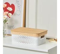 Eden & Willow Bamboo-Top Multipurpose Plastic Storage Basket - Sleek Home and Kitchen Storage Organiser with Easy-Grip Handles (11L, Porous)