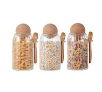 Eden & Willow Clear Glass Kitchen Jar with Cork Ball Lid and Bamboo Spoon | BPA-Free Mason Canister for Coffee, Beans, Spices, Dry Foods (Set of 3, 0.8L, Ribbed)