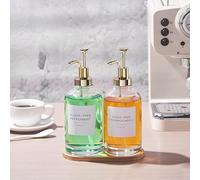 Eden & Willow Coffee Syrup Dispenser 500ml, 2 Pcs Glass Pump Bottle Dispenser with Bamboo Tray & Waterproof Labels, White Chocolate Vanilla Coffee Bar Accessories, Kitchen Barista Tools (Gold)