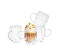 Eden & Willow Double Walled Glass Coffee Cups 4Pcs, 350ml Ribbed Tea & Coffee Mugs with handle, Borosilicate Thermal Cups for Latte, Cappuccino,Tea, Iced Coffee and Mocha, House Warming Gifts New Home