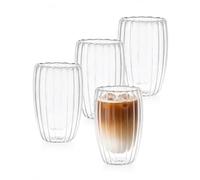 Eden & Willow Double Walled Glass Coffee Cups 4Pcs, 450ml Ribbed Borosilicate Tea & Coffee Mugs, Thermal Glasses for Latte, Cappuccino,Tea, Iced Coffee and Mocha, New Home Gift Set