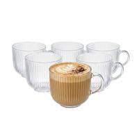 Eden & Willow Glass Coffee Cups 440ml, 6 Pcs Espresso Iced Coffee Cups, Large & Clear Drinking Glassware Mugs, Ribbed Glass Mug for Cappuccino Latte Mocha Flat White, Home Gift Set