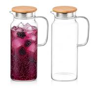 Eden & Willow Glass Water Jug for Fridge 1.8L, 2Pcs Square Clear Pitcher Jug with Strainer, Bamboo Lid & Pouring Spout, Space saving Juice Jug for hot/cold Drinks, Iced Tea Pitcher, Large Cocktail Jug