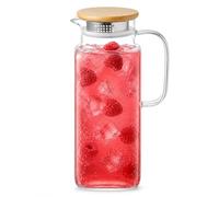 Eden & Willow Glass Water Jug for Fridge 1.8L, Square Clear Pitcher Jug with Strainer, Bamboo Lid & Pouring Spout, Space Saving Juice Jug for hot/Cold Drinks, Iced Tea Pitcher, Large Cocktail Jug