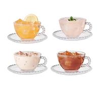 Eden & Willow Pearl Beaded Glass Cup and Saucer Set | Modern Tea and Coffee Drinkware Set (4, Pearl Beaded)