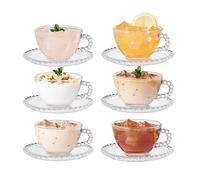 Eden & Willow Pearl Beaded Glass Cup and Saucer Set | Modern Tea and Coffee Drinkware Set (6, Pearl Beaded)