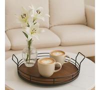 Eden & Willow Round Metal Serving Tray with Wooden Base, 34cm Diameter, Decorative Coffee Table Centerpiece, Kitchen Organiser, Tea Breakfast Display, Bathroom Vanity Holder, Home Decor