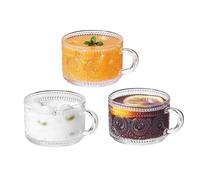 Eden & Willow Set of 3 Embossed Glass Tea and Coffee Mug 325ml - Wide Mouth Cup with Handle - Thick Thermal Shock Resistant Drinking Glass for Hot Chocolate, Milkshakes, Breakfast Bowls