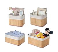 Eden & Willow Set of 4 Storage Shelf Baskets with Lining, Stackable Bamboo Storage Divider Boxes for Closet Drawer & Cupboards | Organiser Bins for Cupboards (Set of 4 - Square)