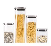 Eden & Willow Square Glass Food Storage Jar with Stainless Steel Lid | Glass Food Storage Containers | Kitchen Jar for Pasta, Coffee | Airtight Kitchen Organiser (Set of 4 Sizes)