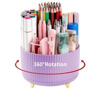 Desk Pencil Pen Holder, 5 Slots 360°Degree Rotating Pencil Pen Organizers for Desk, Desktop Storage Stationery Supplies Organizer, Cute Pencil Cup Pot for Office, School, Home, Art Supply, Purple
