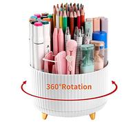 Desk Pencil Pen Holder, 5 Slots 360°Degree Rotating Pencil Pen Organizers for Desk, Desktop Storage Stationery Supplies Organizer, Cute Pencil Cup Pot for Office, School, Home, Art Supply, White