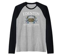 Edenton North Carolina Blue Crab Since 1685 White Letters Raglan Baseball Tee