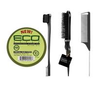 Edge Control Gel for Afro Hair & 3 Pcs Slick Back Hair Brush Set | Eco Style Professional Styling Gel Olive Oil 3oz with 3 Pcs Mahn K Collection Slick Back Brush | Perfect for Curly, Afro & Kids Hair