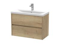 Edge Square Wall Hung 2 Drawer Vanity Unit & Ceramic Basin, 800mm - Woodgrain Autumn Oak - Balterley