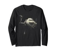 Edgy Smoking Cat Bright Green Eyes Halftone Style Long Sleeve T-Shirt