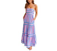 Edhomenn 2024 Women's Tiered Long Dress Sleeveless Spaghetti Strap Midi Dress Square Neck Striped Print Dress Summer Flowy Dress (01 Pink, M)