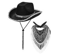 Edhomenn Adjustable Chin Strap Cowboy Hats Texan Cowgirl Hat with Scarf for Women Girls Cowboy Costume Theme Party Accessory (05 Black, One size)