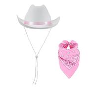 Edhomenn Adjustable Chin Strap Cowboy Hats Texan Cowgirl Hat with Scarf for Women Girls Cowboy Costume Theme Party Accessory (04 White, One Size)