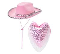 Edhomenn Adjustable Chin Strap Cowboy Hats Texan Cowgirl Hat with Scarf for Women Girls Cowboy Costume Theme Party Accessory (05 Pink, One size)