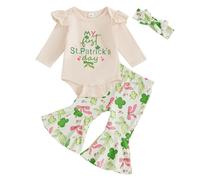 Edhomenn Baby Girl Irish Outfits Letter Print Romper with Clover Print Flare Pants and Headband 3Pcs Set Newborn Girls Ireland Clothes (01 Light Green, 0-3 Months)