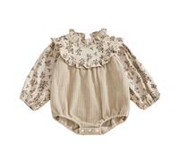 Edhomenn Baby Girls Fall Romper Floral Print Patchwork Long Sleeve Ruffled Frill Mock Neck Ruffled Jumpsuit (Khaki, 3-6 Months)