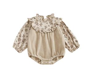 Edhomenn Baby Girls Fall Romper Floral Print Patchwork Long Sleeve Ruffled Frill Mock Neck Ruffled Jumpsuit (Khaki, 3-6 Months)