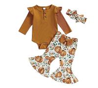 Edhomenn Baby Girls Halloween 3Pcs Outfits Long Sleeve Romper and Pumpkin Bell Bottoms with Headband Set Newborn Girls Fall Winter Clothes (01 Brown, 6-12 Months)