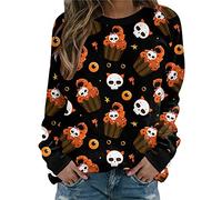 Edhomenn Halloween Hoodies for Women Long Sleeve Crew Neck Pumpkin Cat Print Pullover Sweatshirts Ladies Fall Tops Streetwear (02 Black Skull, XXL)