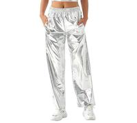 Edhomenn Shiny Metallic Jogger Pants for Women High Waist Stretchy Holographic Color Hip Hop Trousers Ladies Y2k Trousers Clubwear (03 Silver, XL)