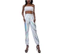 Edhomenn Shiny Metallic Jogger Pants for Women High Waist Stretchy Holographic Color Hip Hop Trousers Ladies Y2k Trousers Clubwear (01 Silver, L)