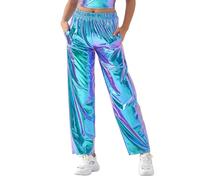 Edhomenn Shiny Metallic Jogger Pants for Women High Waist Stretchy Holographic Color Hip Hop Trousers Ladies Y2k Trousers Clubwear (03 Blue, M)