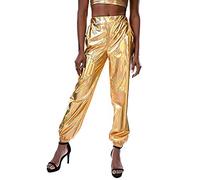 Edhomenn Shiny Metallic Jogger Pants for Women High Waist Stretchy Holographic Color Hip Hop Trousers Ladies Y2k Trousers Clubwear (02 Gold, S)