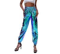 Edhomenn Shiny Metallic Jogger Pants for Women High Waist Stretchy Holographic Color Hip Hop Trousers Ladies Y2k Trousers Clubwear (01 Blue, XXL)