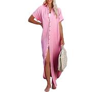 Edhomenn Women Beach Cover Ups Solid Color Short Sleeve Button-Down Lapel Loose Cover-Up Side Split Long Kimonos Summer Casual Beachwear Dress (02 Pink, L)