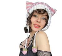Edhomenn Women Cat Beanies Grunge Goth Beanies Cat Ear Hat Y2k Crochet Beanie for Girls Streetwear (01 Pink, One Size)