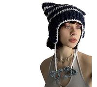 Edhomenn Women Cat Beanies Grunge Goth Beanies Cat Ear Hat Y2k Crochet Beanie for Girls Streetwear (02 Dark Blue, One Size)