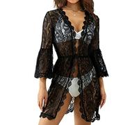 Edhomenn Women Crochet Bikini Cover Ups Lace Hollow Floral Print Bathing Suit Long Sleeve V Neck Summer Beach Dress Swimwear (02 Black, XL)