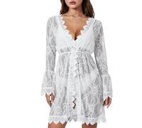 Edhomenn Women Crochet Bikini Cover Ups Lace Hollow Floral Print Bathing Suit Long Sleeve V Neck Summer Beach Dress Swimwear (01 White, M)